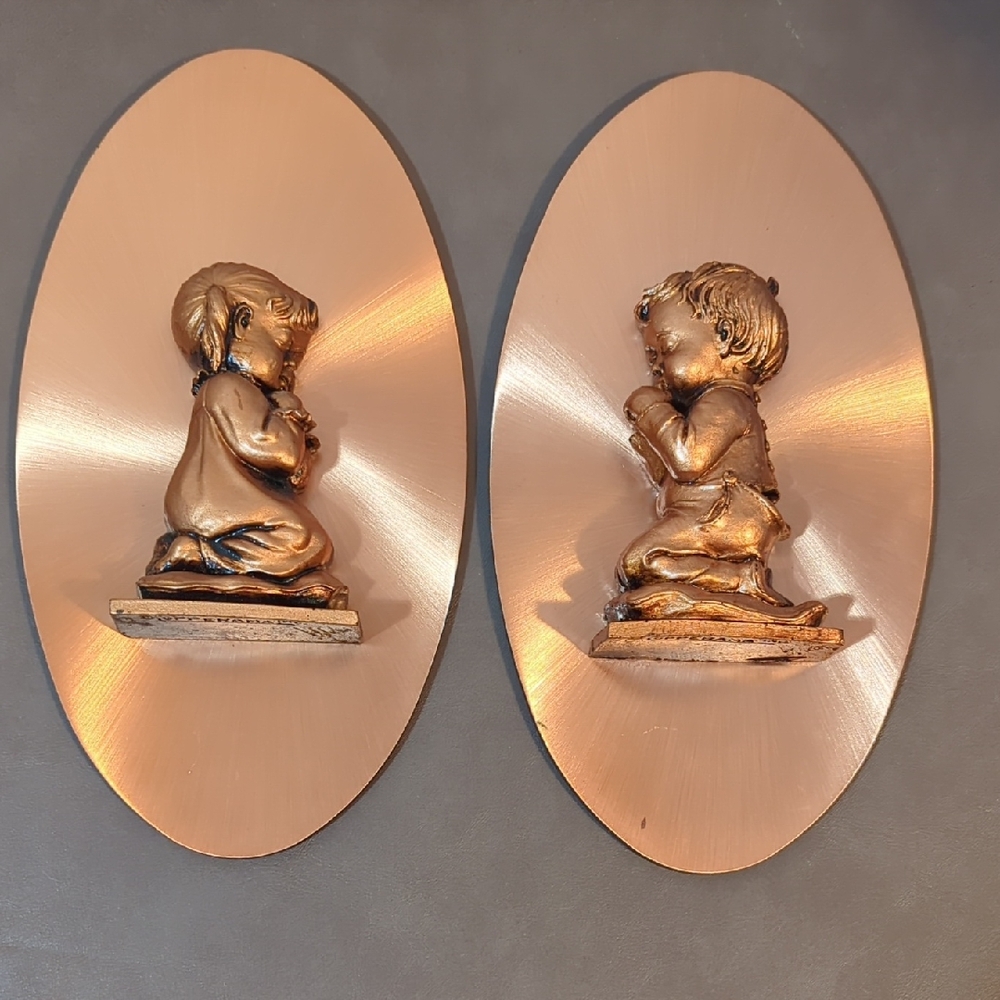 Copperama Plaques Praying Boy Girl Kids signed by Victor Wall Art Set of 2